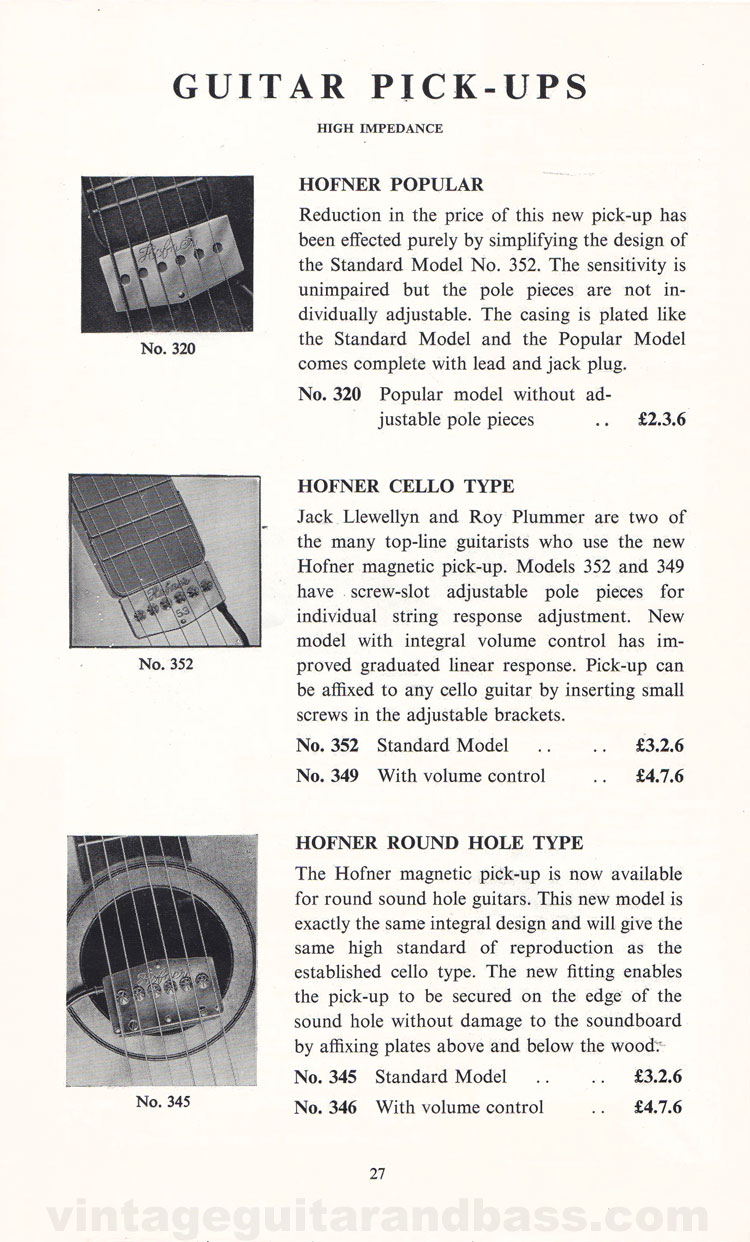 1960 Selmer Hofner guitar catalog page 27 - details of Hofner Popular, Cello-type and Round-Hole guitar pickups