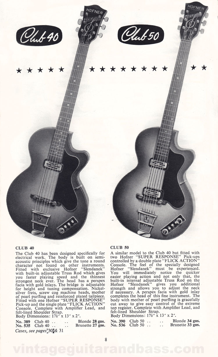 1960 Selmer Hofner guitar catalog page 8 - details of the Hofner Club 60 guitar
