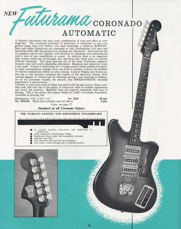 Selmer 1964 Hofner and Futurama catalog page 16 - Futurama Coronado Automatic