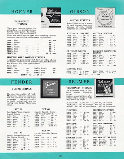 1964 Selmer guitar and bass catalog page 28 - Hofner, Gibson, Fender and Selmer guitar strings