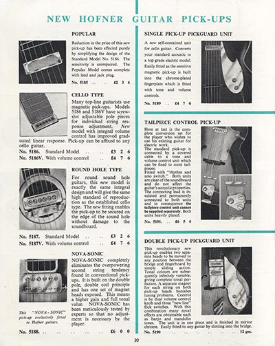 1964 Selmer guitar and bass catalog page 30 - Hofner pickups
