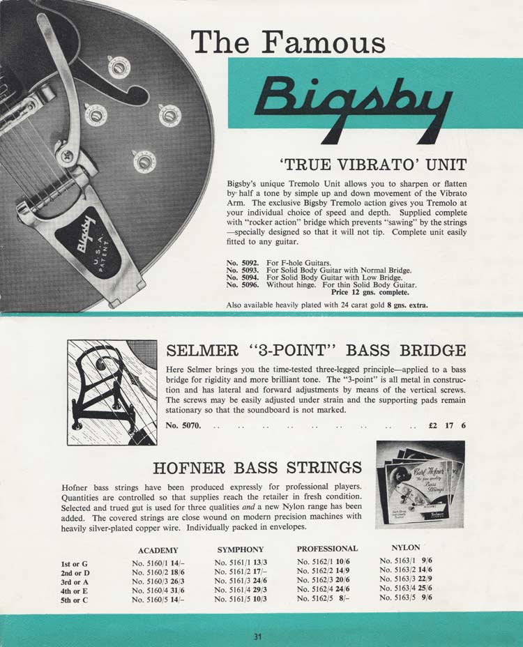 Selmer 1964 Hofner and Futurama catalog page 31 - Bigsby Vibrato and bass strings