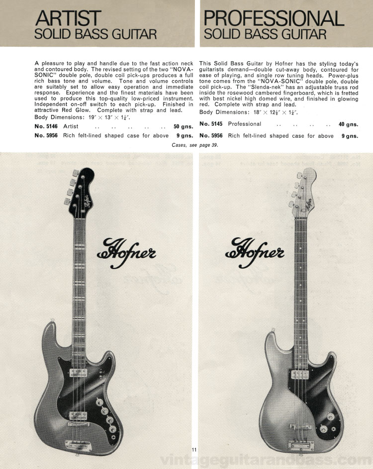 1965/66 Selmer "Guitars and Accessories" catalog, page 11: Hofner Artist and Professional Basses