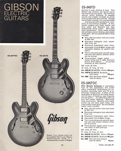 1965/66 Selmer "Guitars and Accessories" catalog page 29 - Gibson ES335TD and ES345TD thinlines
