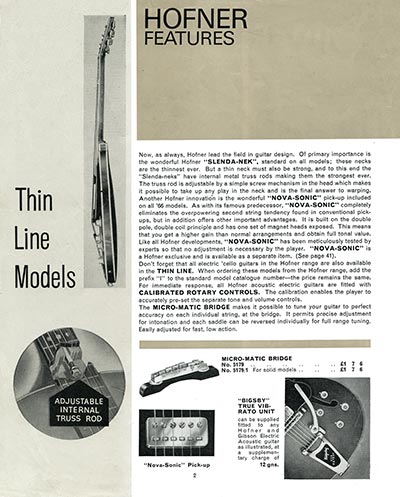 1965/66 Selmer "Guitars and Accessories" catalog page 2 - Hofner guitar features: bridge, tremolo, pickups