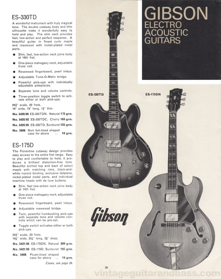 1965/66 Selmer "Guitars and Accessories" catalog, page 30: Gibson ES330TD and ES175D electric acoustic guitars