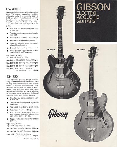 1965/66 Selmer "Guitars and Accessories" catalog page 30 - Gibson ES330TD and ES175D electric acoustics