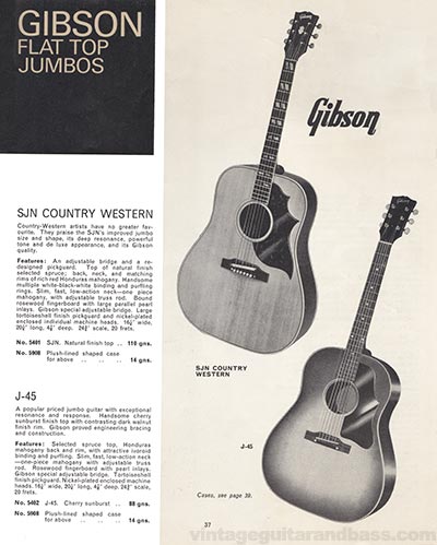 1965/66 Selmer "Guitars and Accessories" catalog page 37 - Gibson SJN Country Western and J-45 flat-tops