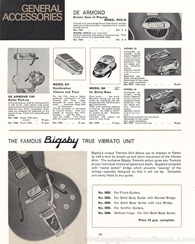 1965/66 Selmer "Guitars and Accessories" catalog page 40 - De Armond pickups and Bigsby Vibrato units