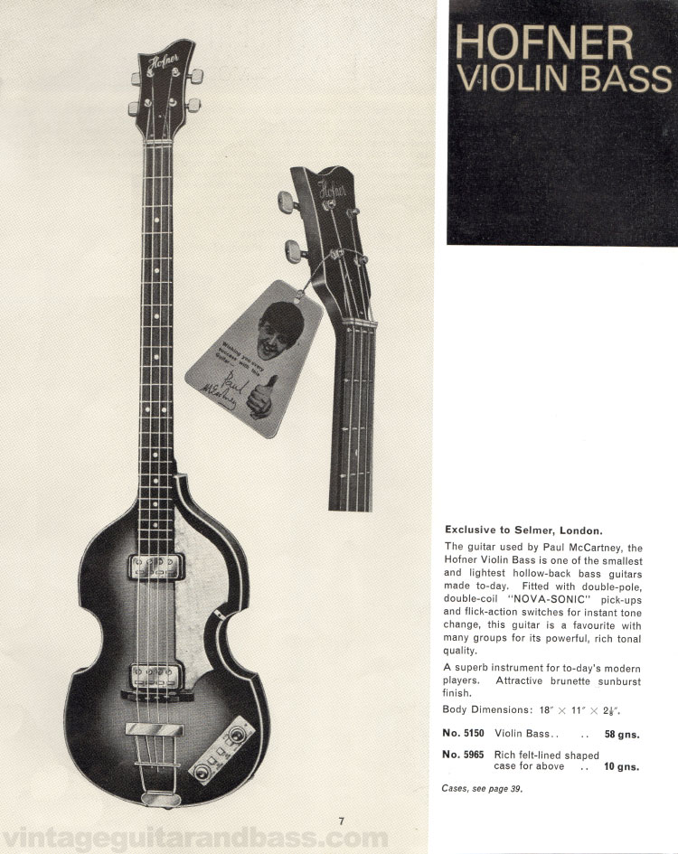 1965/66 Selmer "Guitars and Accessories" catalog, page 7: Hofner 500/1 Violin Bass