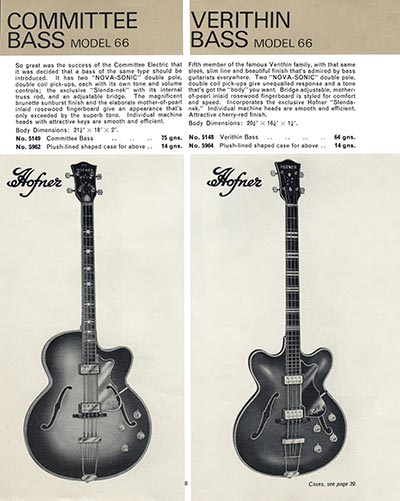 1965/66 Selmer "Guitars and Accessories" catalog page 8 - Hofner Committee Bass and Verithin Bass