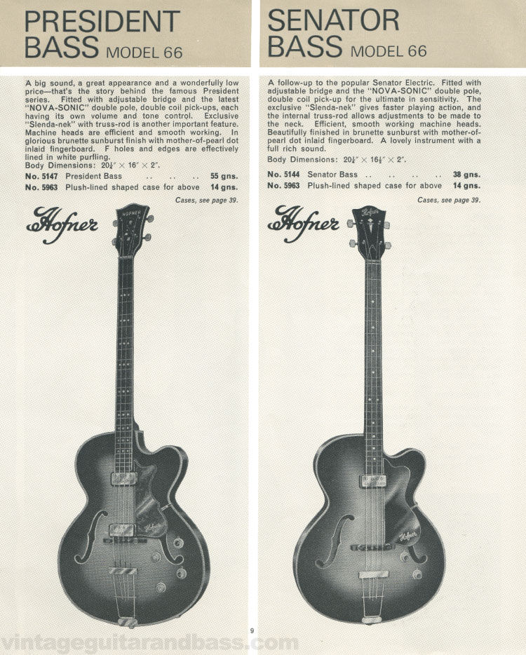 1965/66 Selmer "Guitars and Accessories" catalog, page 9: Hofner President bass and Senator bass
