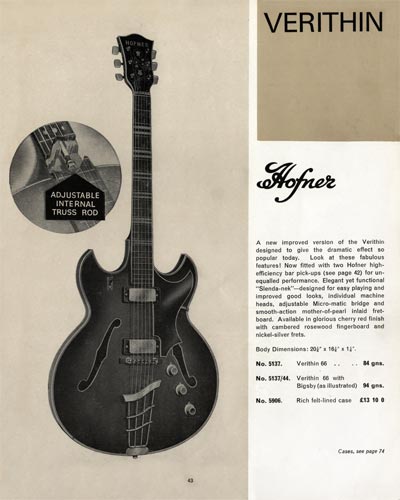 1968 Selmer "Guitars and Accessories" catalog page 43 - Hofner Verithin