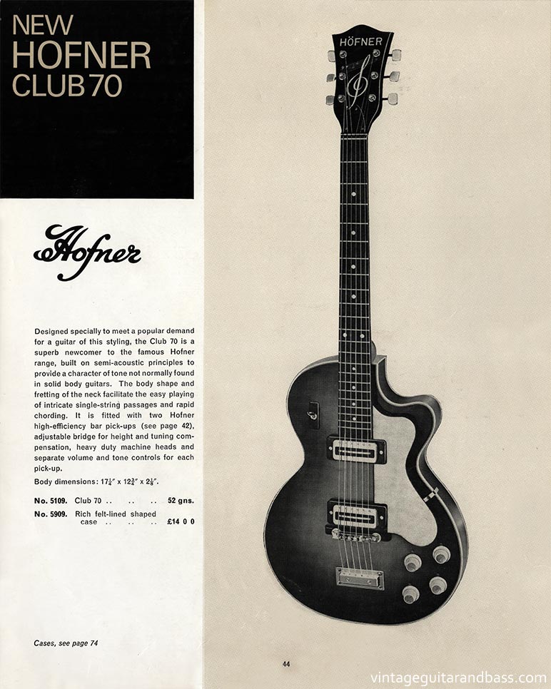1968 Selmer "Guitars and Accessories" catalog, page 44: Hofner Club 70