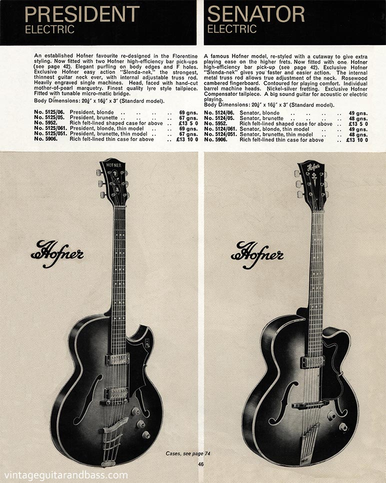 1968 Selmer "Guitars and Accessories" catalog, page 46: Hofner President and Senator