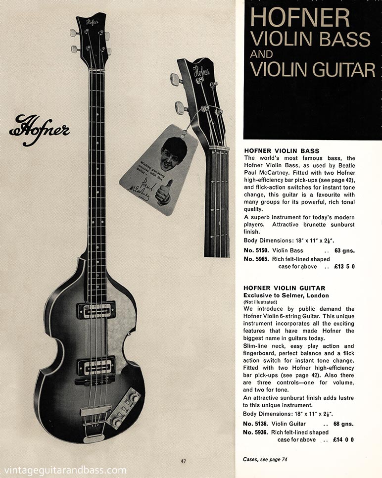 1968 Selmer "Guitars and Accessories" catalog, page 47: Hofner 500/1 Violin Bass and Violin Guitar
