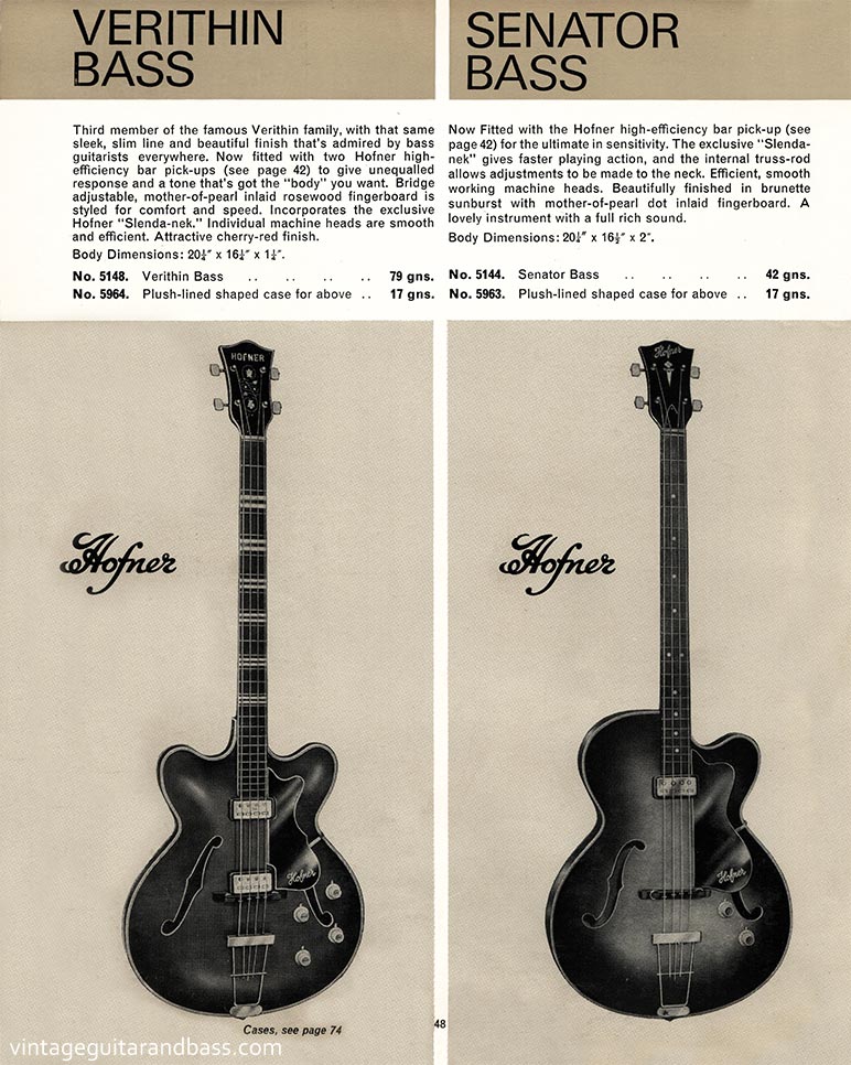 1968 Selmer "Guitars and Accessories" catalog, page 48: Hofner Verithin Bass and Senator Bass