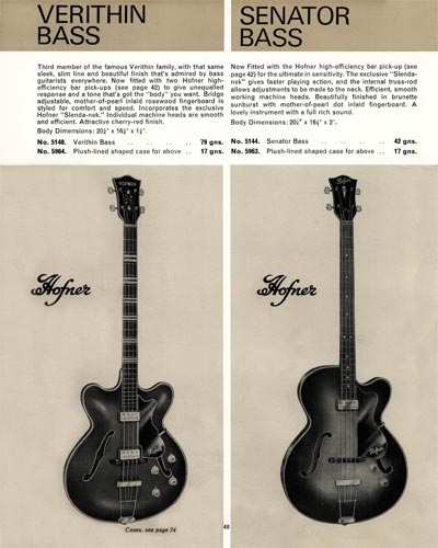1968 Selmer "Guitars and Accessories" catalog page 48 - Hofner Verithin Bass and Senator Bass