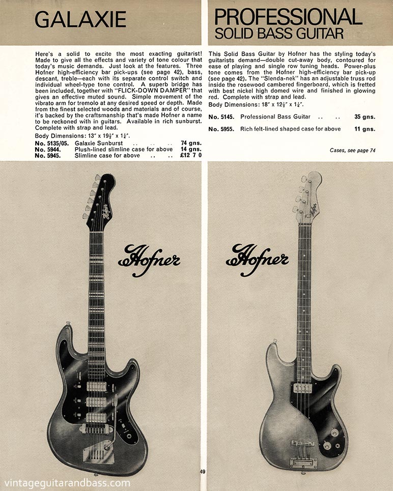 1968 Selmer "Guitars and Accessories" catalog, page 49: Hofner Galaxie and Professional bass