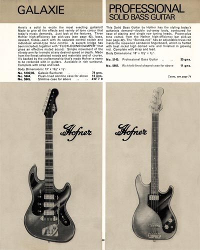 1968 Selmer "Guitars and Accessories" catalog page 49 - Hofner Galaxie and Professional bass