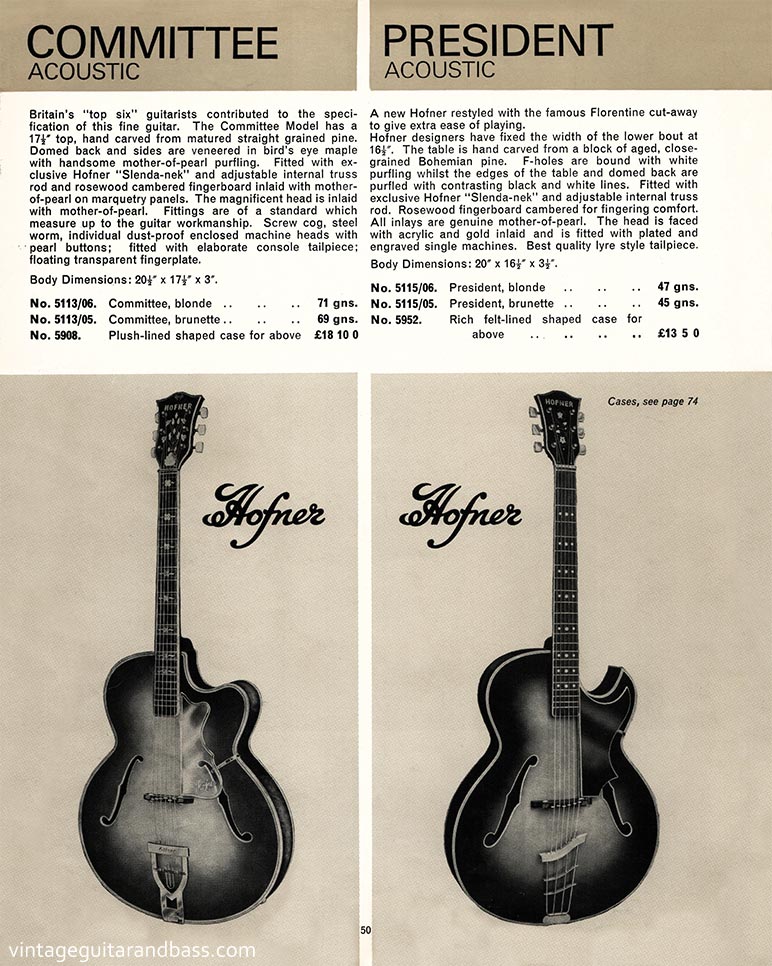 1968 Selmer "Guitars and Accessories" catalog, page 50: Hofner Committee and President acoustics