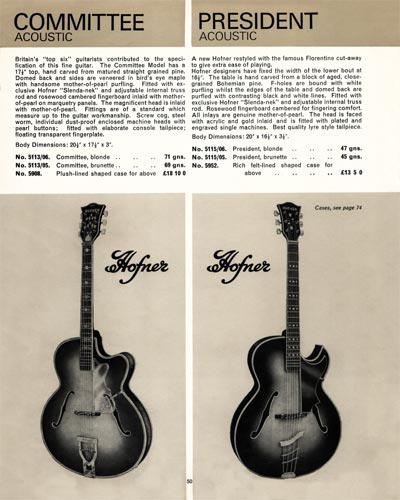 1968 Selmer "Guitars and Accessories" catalog page 50 - Hofner Committee and President acoustics