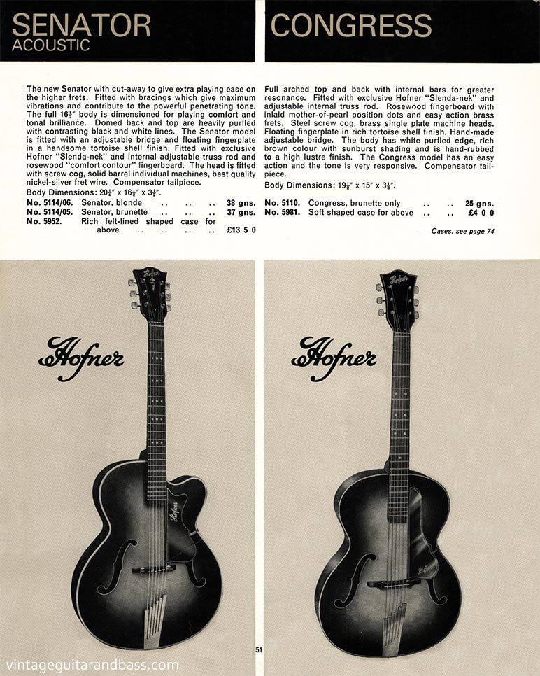 1968 Selmer "Guitars and Accessories" catalog, page 51: Hofner Senator and Congress acoustics