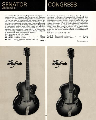 1968 Selmer "Guitars and Accessories" catalog page 51 - Hofner Senator and Congress acoustics