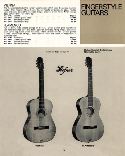1968 Selmer "Guitars and Accessories" catalog page 54 - Hofner Vienna and Flamenco acoustics