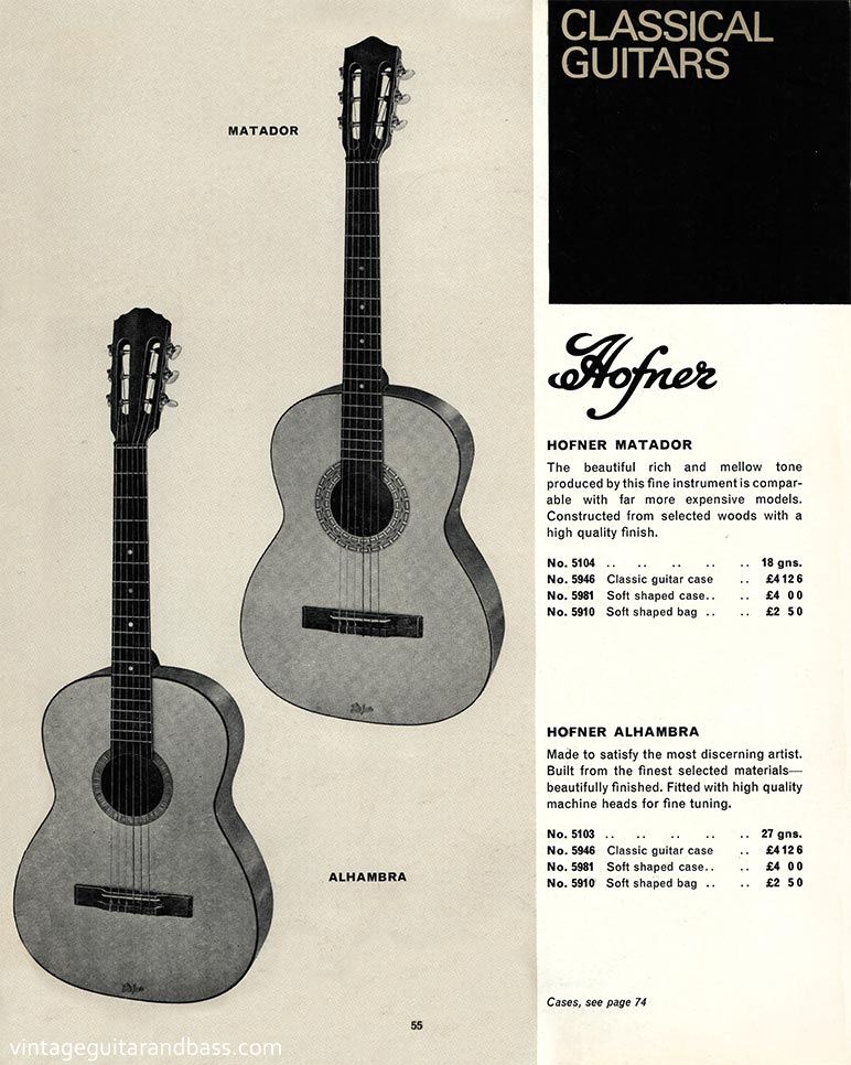 1968 Selmer "Guitars and Accessories" catalog, page 55: Hofner Matador and Alhambra classical acoustic guitars