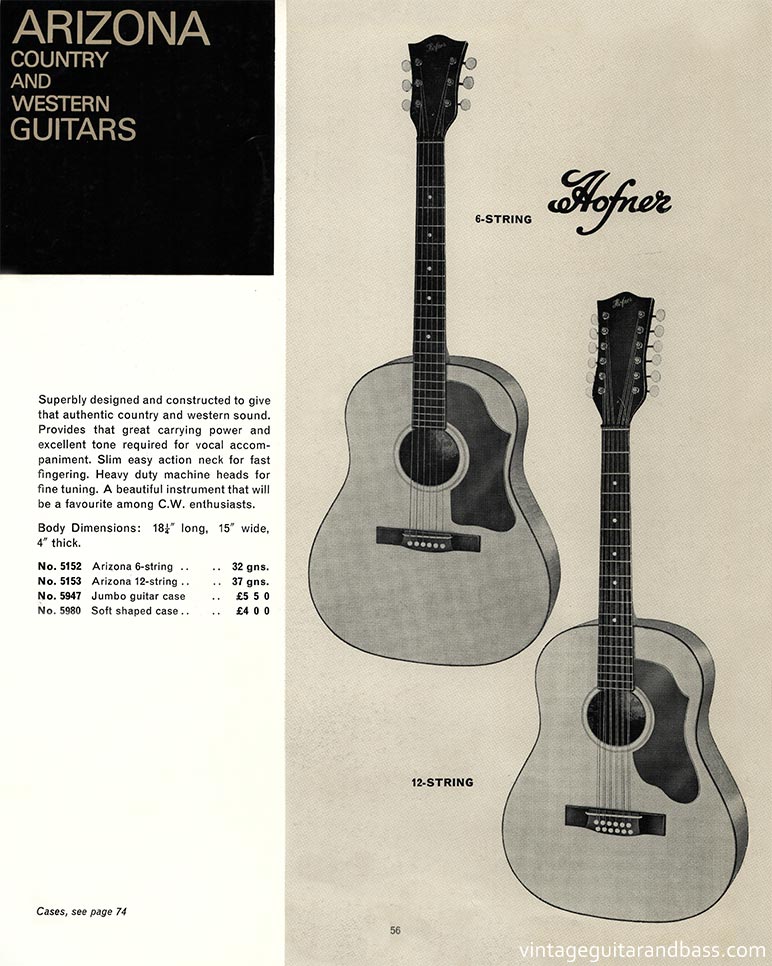 1968 Selmer "Guitars and Accessories" catalog, page 56: Hofner Arizona 6-string and 12-string acoustics guitars