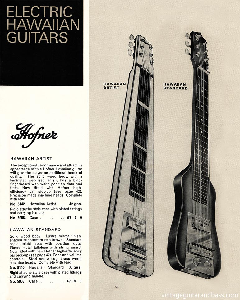 1968 Selmer "Guitars and Accessories" catalog, page 57: Hofner Hawaiian Artist and Hawaiian Standard