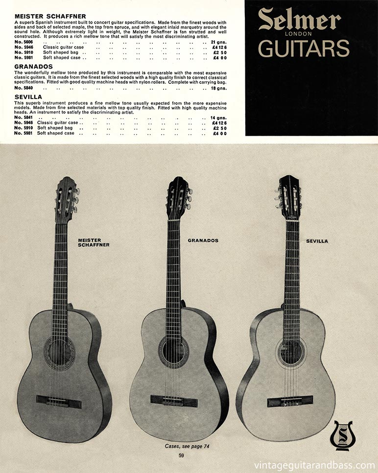1968 Selmer "Guitars and Accessories" catalog, page 59: Selmer Granados, Sevilla and Meister Schaffner