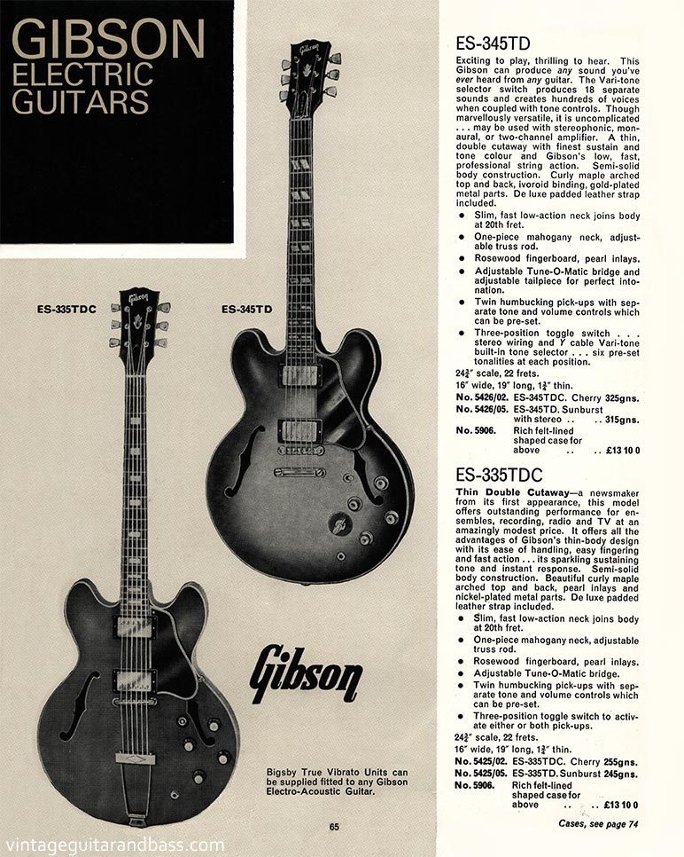 1968 Selmer "Guitars and Accessories" catalog, page 65: Gibson ES-335TD and ES-345TD