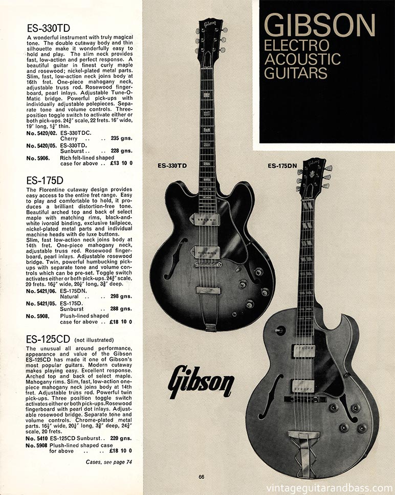 1968 Selmer "Guitars and Accessories" catalog, page 66: Gibson ES-330TD, ES-175D and ES-125CD