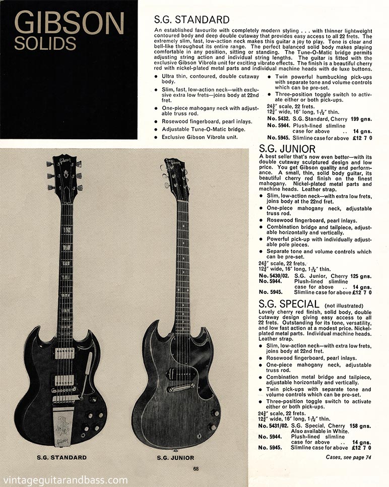 1968 Selmer "Guitars and Accessories" catalog, page 68: Gibson SG Standard, SG Special and SG Junior