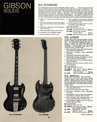 1968 Selmer "Guitars and Accessories" catalog page 68 - Gibson SG Standard, SG Special and SG Junior