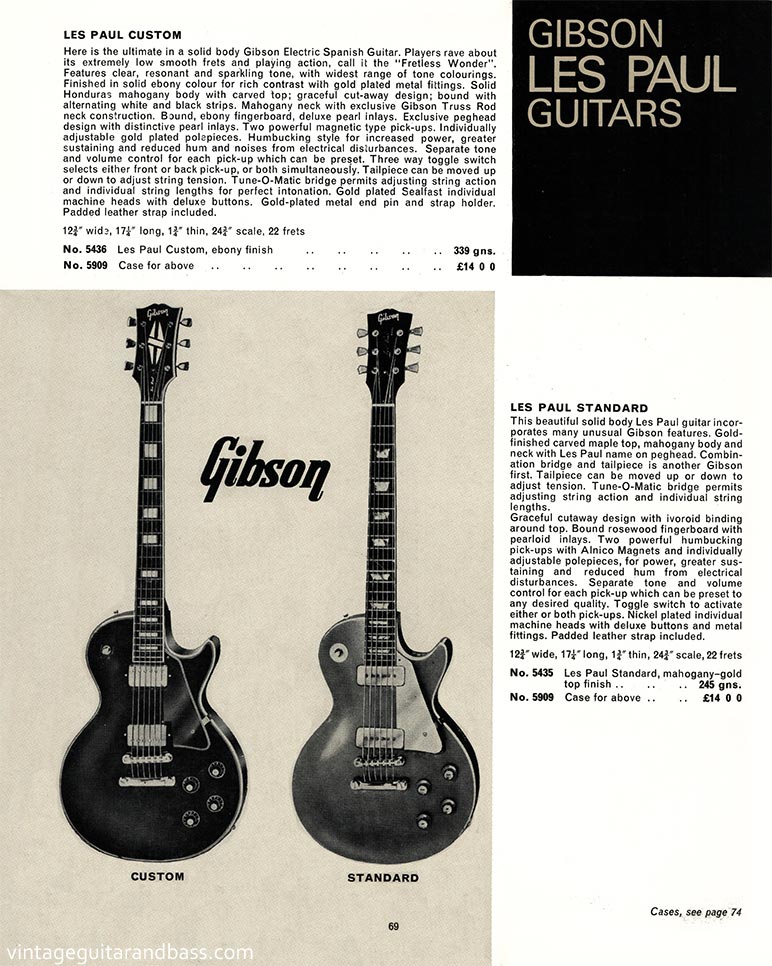 1968 Selmer "Guitars and Accessories" catalog, page 69: Gibson Les Paul Custom and Standard