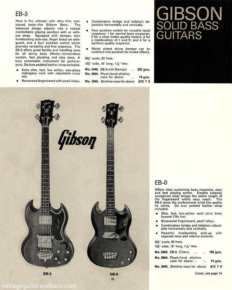 1968 Selmer "Guitars and Accessories" catalog, page 70: Gibson EB0 and EB3 bass