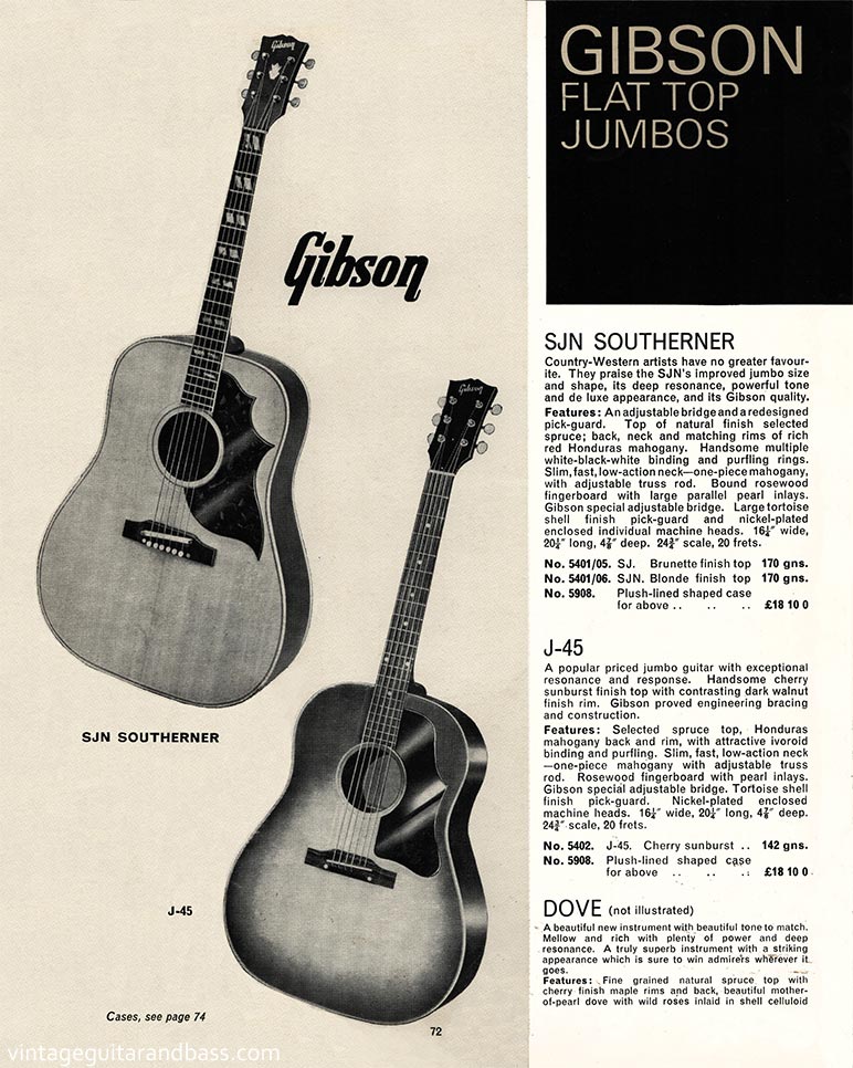 1968 Selmer "Guitars and Accessories" catalog, page 72: Gibson SJN Southerner, J-45 and Dove