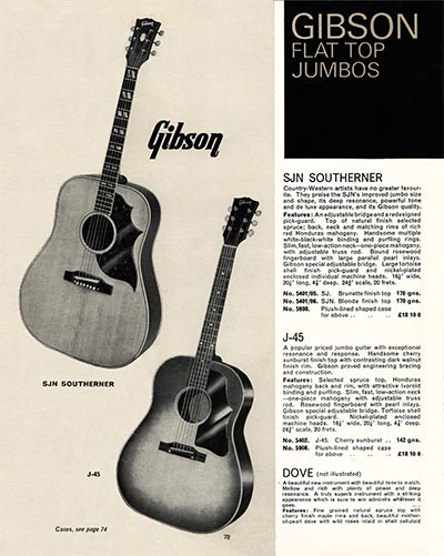 1968 Selmer "Guitars and Accessories" catalog page 72 - Gibson SJN, J-45 and Dove