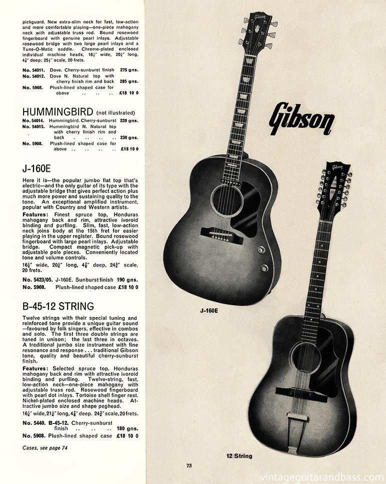 1968 Selmer "Guitars and Accessories" catalog, page 73: Gibson Hummingbird, B-45-12 and J-160