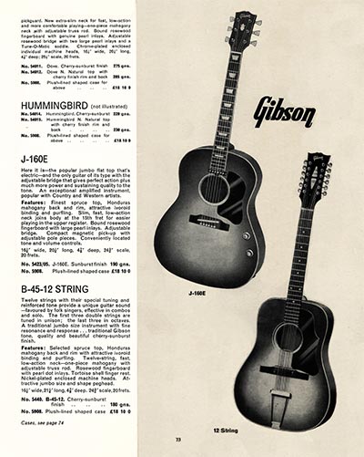 1968 Selmer "Guitars and Accessories" catalog page 73 - Gibson Hummingbird, B-45-12 and J-160E