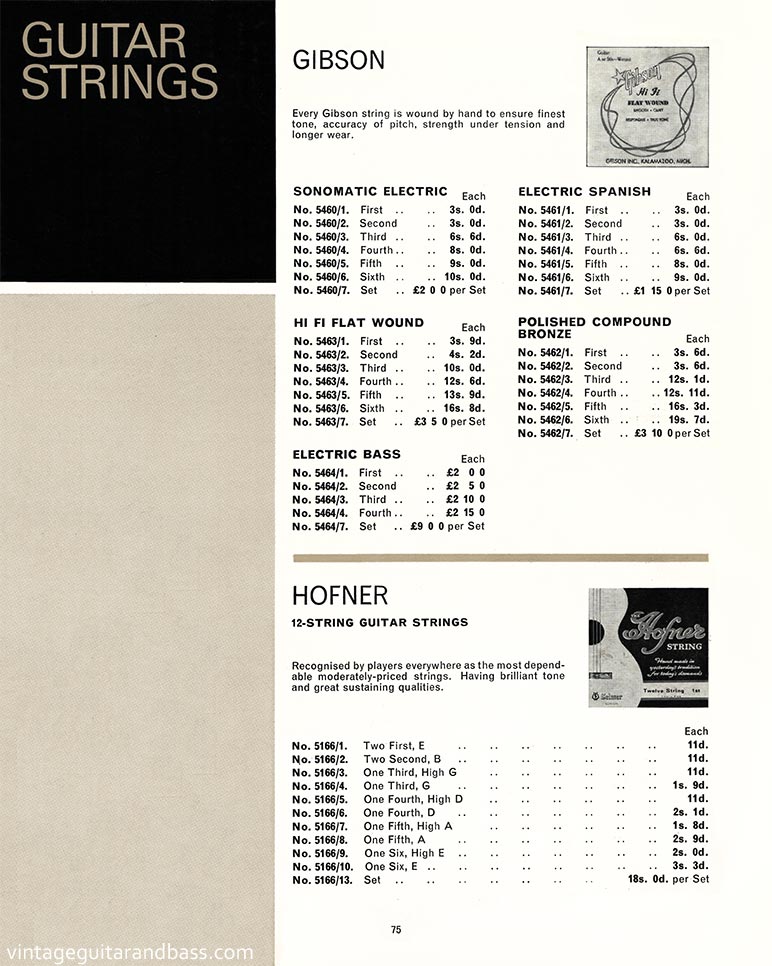 1968 Selmer "Guitars and Accessories" catalog, page 75:Gibson and Hofner strings