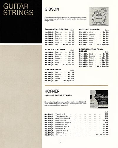 1968 Selmer "Guitars and Accessories" catalog page 75 - Gibson and Hofner strings