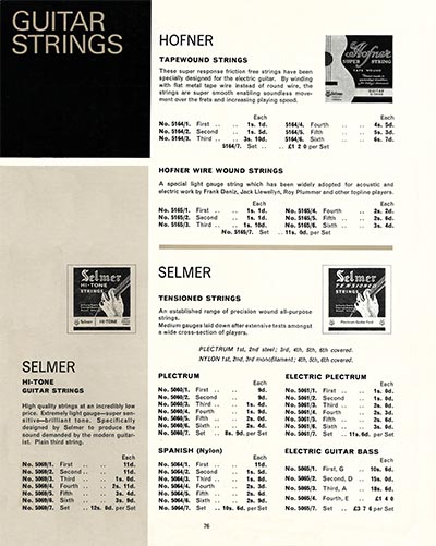 1968 Selmer "Guitars and Accessories" catalog page 76 - Hofner and Selmer strings