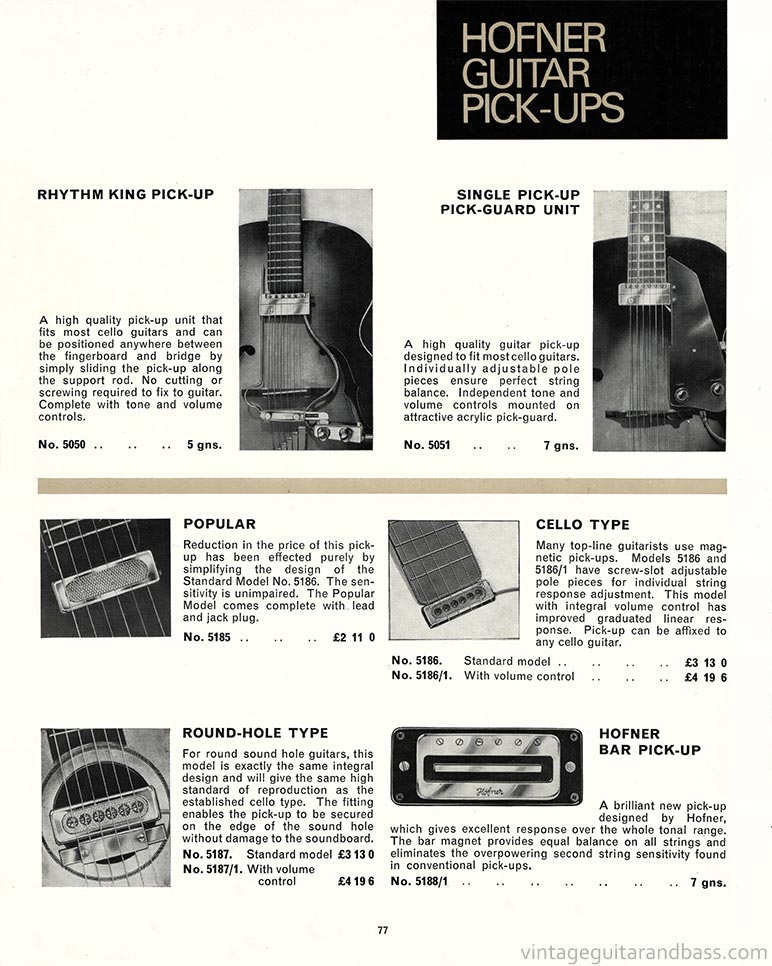 1968 Selmer "Guitars and Accessories" catalog, page 77: Hofner pickups