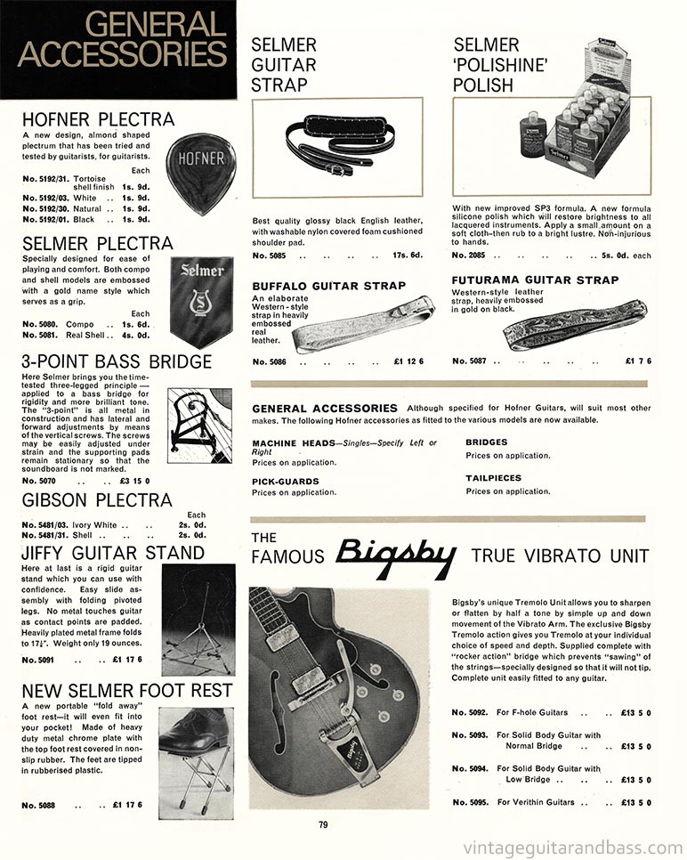 1968 Selmer "Guitars and Accessories" catalog, page 79: Guitar accessories from Selmer - straps, plectra, Bigsby vibrato