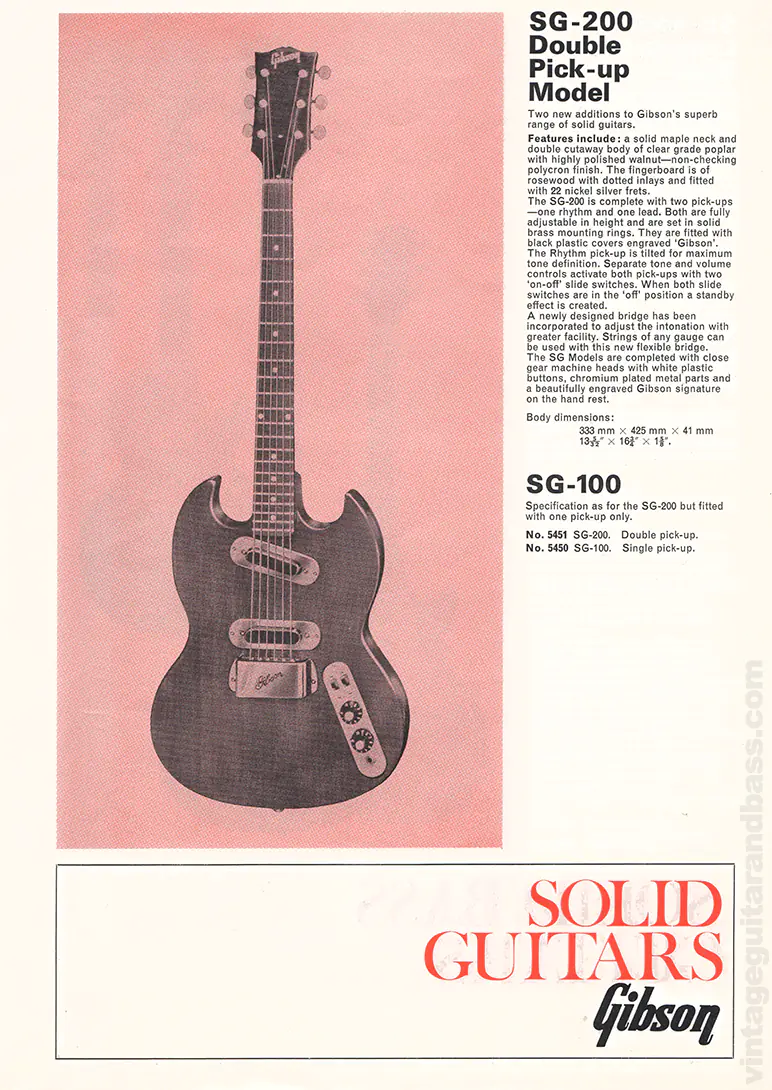 1971 Selmer "Guitars & Accessories" catalog page 10: Gibson SG-100 and SG-200