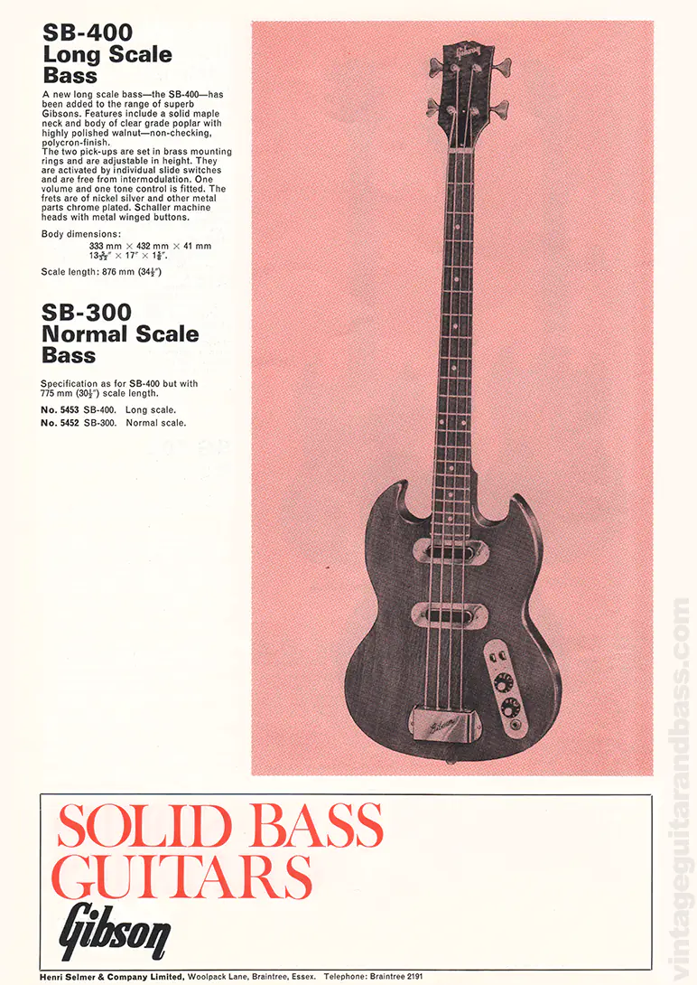 1971 Selmer "Guitars & Accessories" catalog page 11: Gibson SB-300 and SB-400 bass